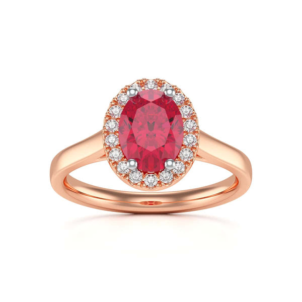 Diamond Halo Ruby Engagement Ring - Oval Shape in 18ct Gold and Platinum