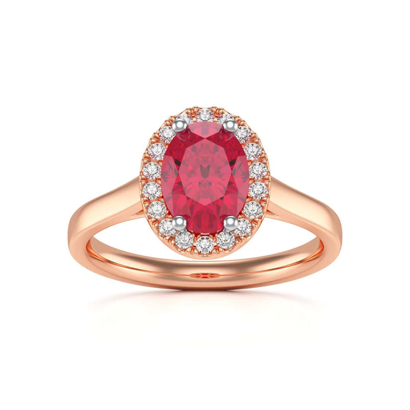 Diamond Halo Ruby Engagement Ring - Oval Shape in 18ct Gold and Platinum
