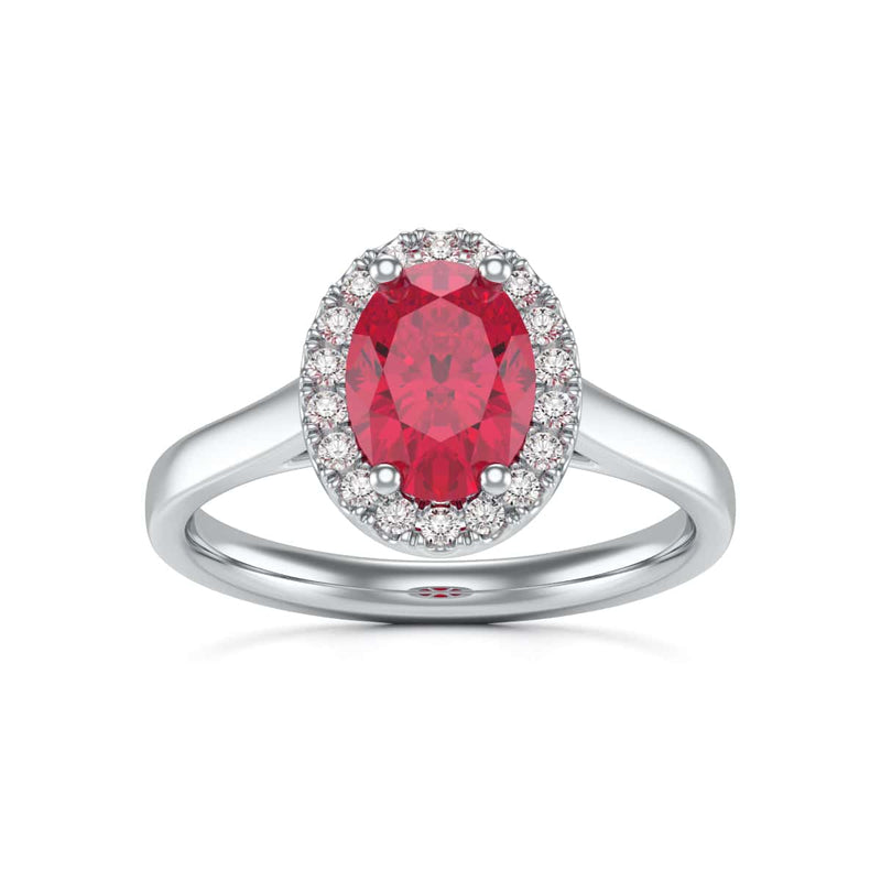 Diamond Halo Ruby Engagement Ring - Oval Shape in 18ct Gold and Platinum