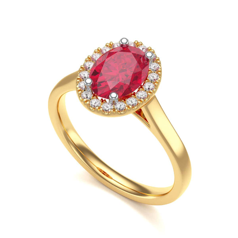 Diamond Halo Ruby Engagement Ring - Oval Shape in 18ct Gold and Platinum