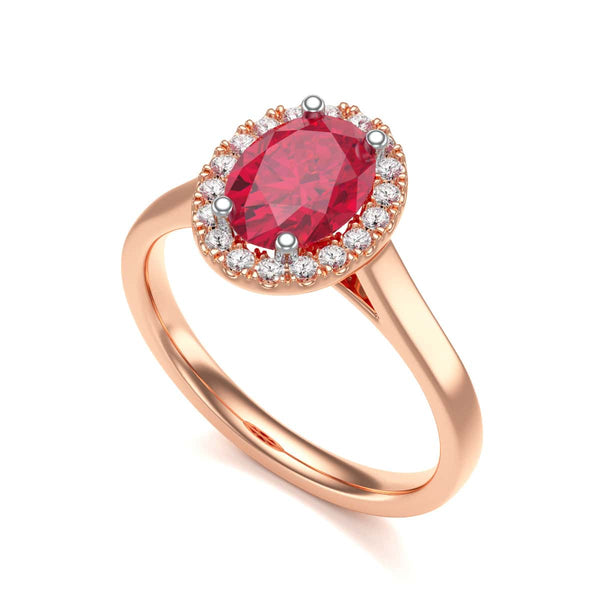 Diamond Halo Ruby Engagement Ring - Oval Shape in 18ct Gold and Platinum