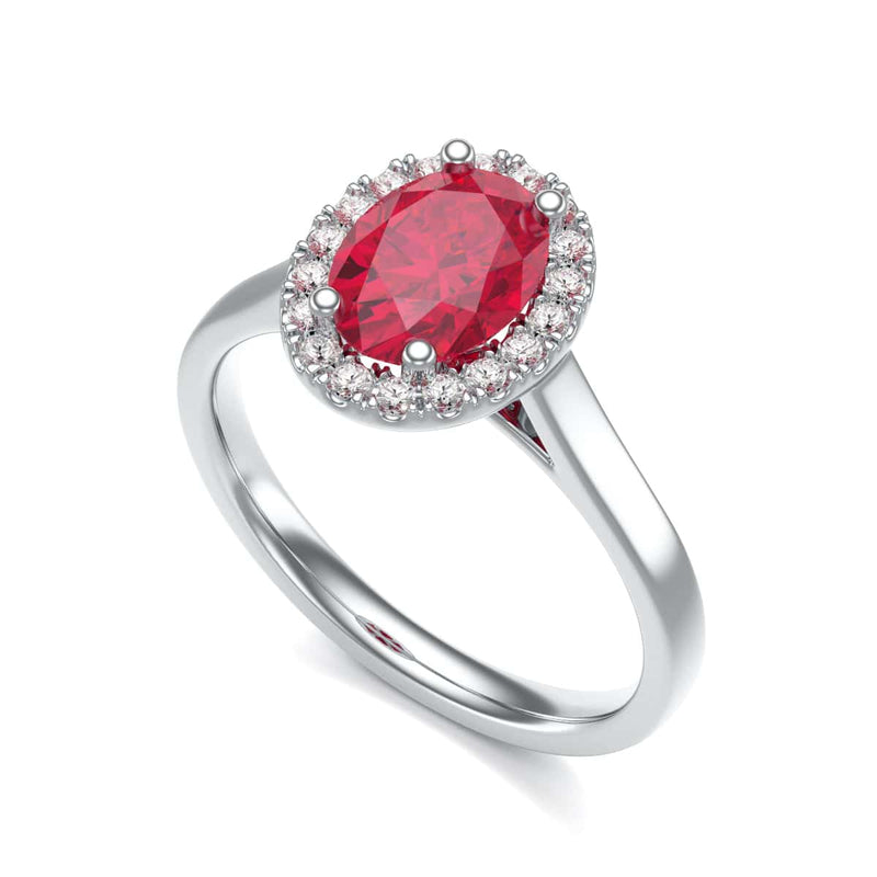 Diamond Halo Ruby Engagement Ring - Oval Shape in 18ct Gold and Platinum