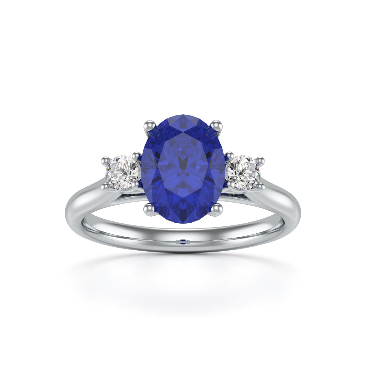 Blue Sapphire Oval Trilogy Ring with Diamond Side Stones