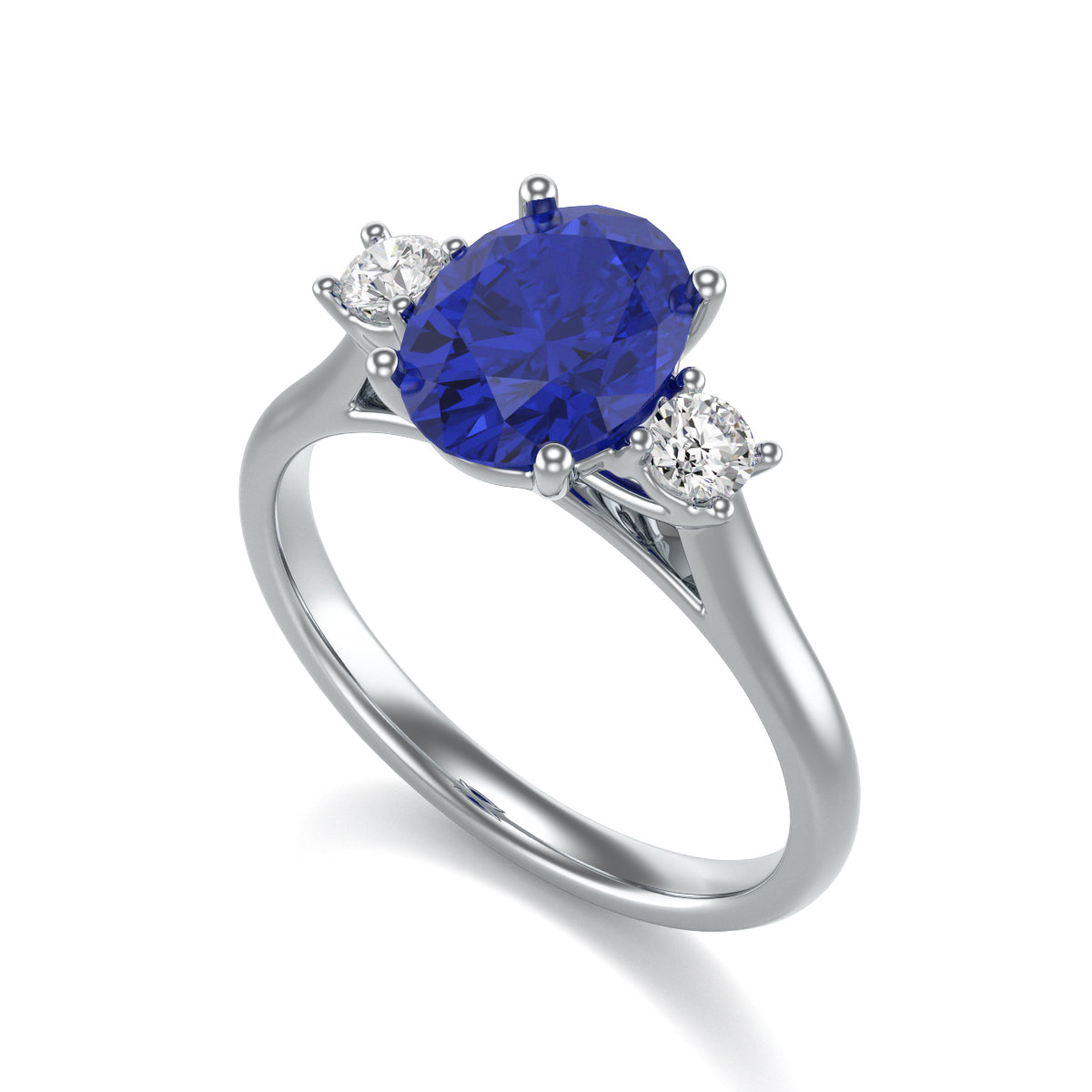 Blue Sapphire Oval Trilogy Ring with Diamond Side Stones