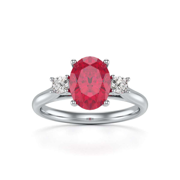 Oval Shape Ruby Trilogy Engagement Ring in 18ct Gold and Platinum