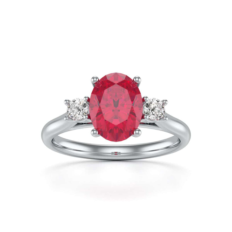 Oval Shape Ruby Trilogy Engagement Ring in 18ct Gold and Platinum