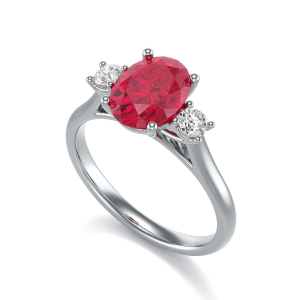 Oval Shape Ruby Trilogy Engagement Ring in 18ct Gold and Platinum