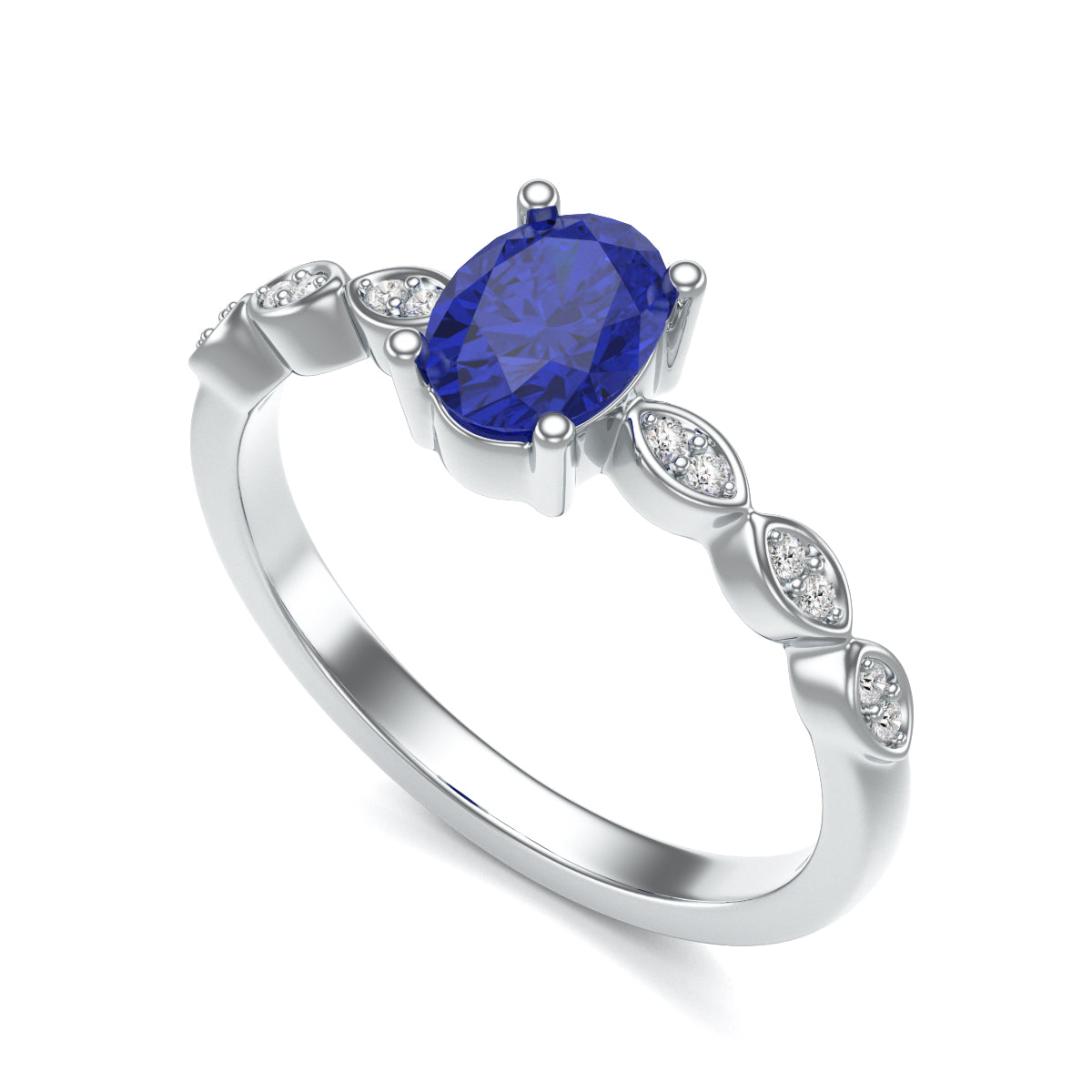 Oval Blue Sapphire with Marquise Shape Shoulder Ring
