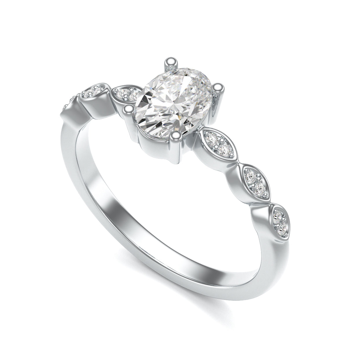 Diamond Engagement Ring- Oval centre stone with marquise shape shoulders set shank with diamonds