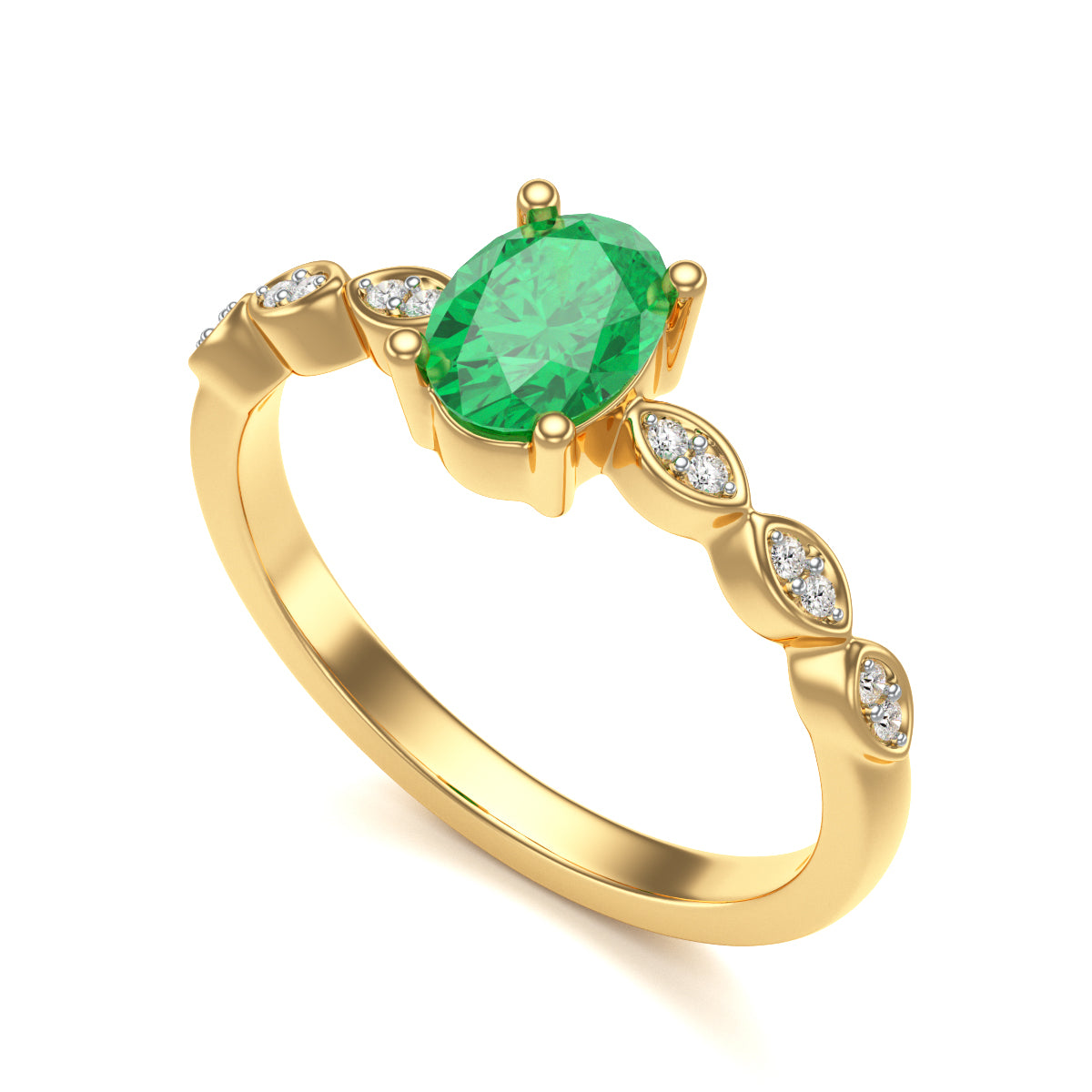 Oval Emerald with Marquise Shape Shoulder Ring