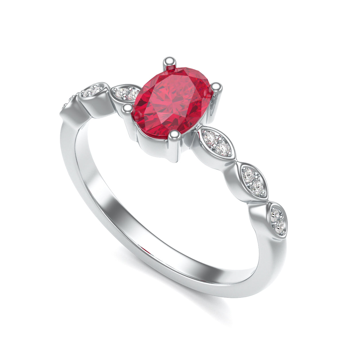 Oval Ruby with Marquise Shape Diamond Shoulder  Ring