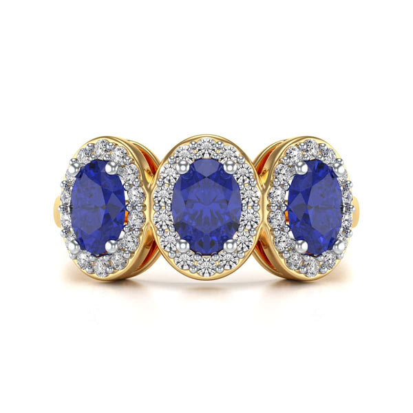 Diamond Halo Oval Shape 3 Blue Sapphires Ring in 18ct Gold and Platinum