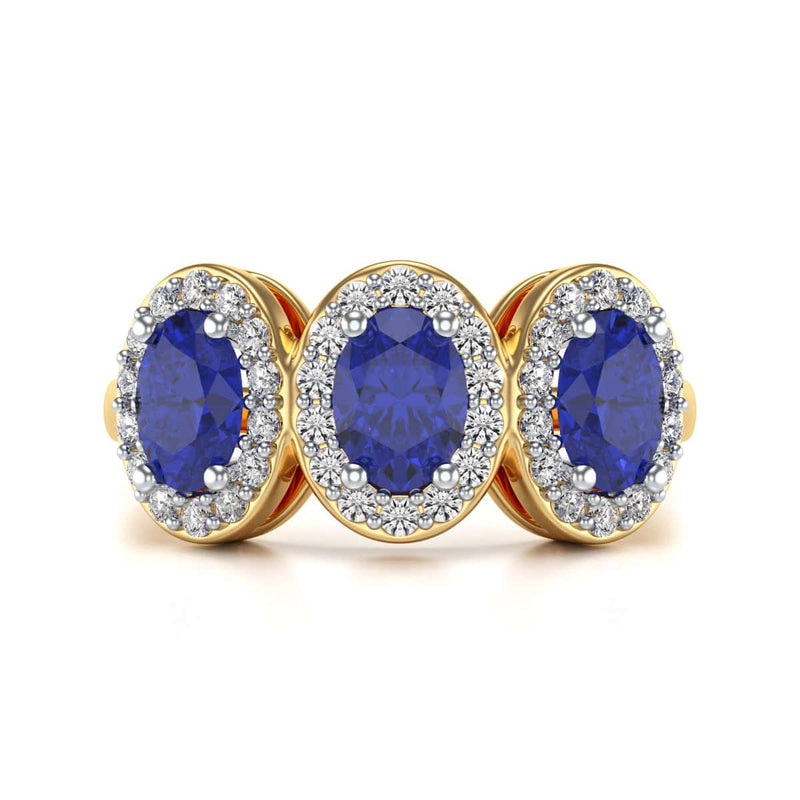 Diamond Halo Oval Shape 3 Blue Sapphires Ring in 18ct Gold and Platinum