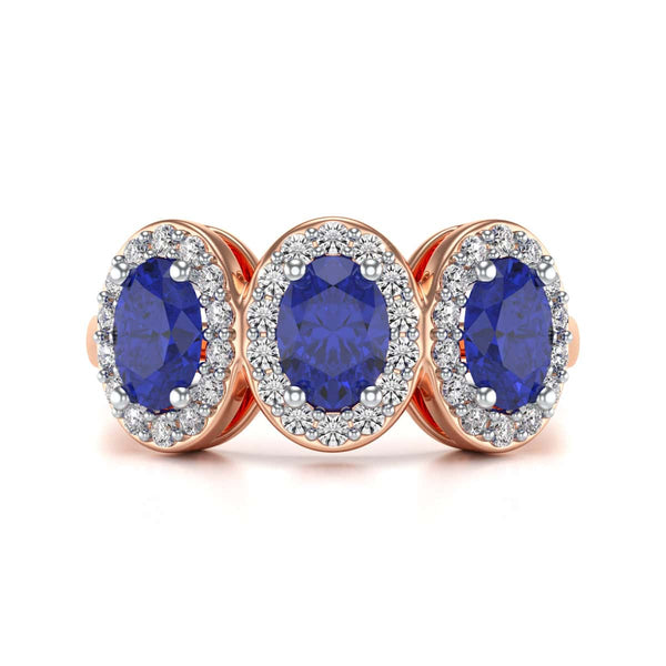 Diamond Halo Oval Shape 3 Blue Sapphires Ring in 18ct Gold and Platinum