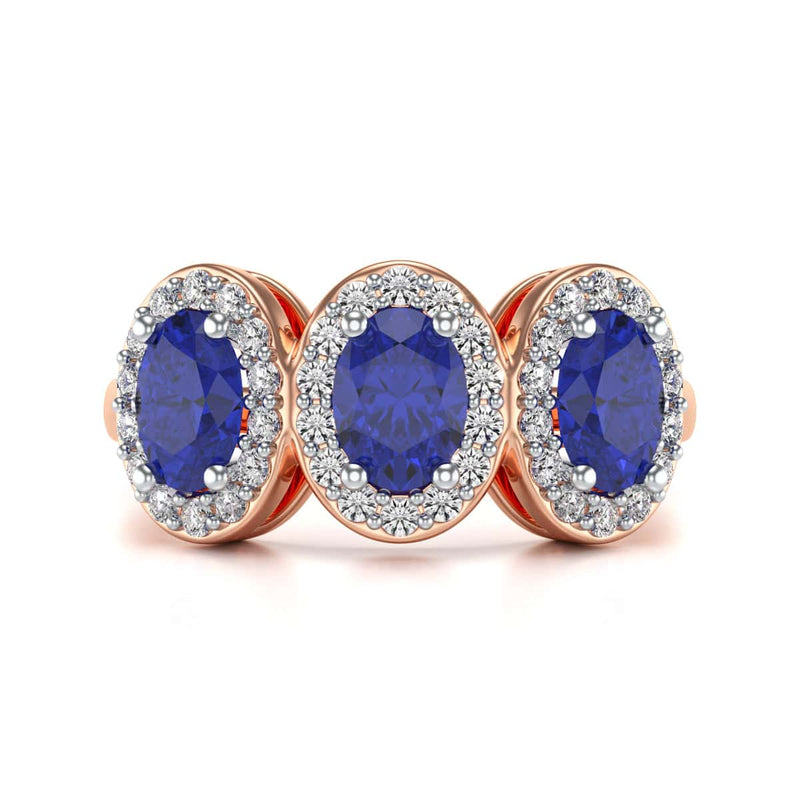Diamond Halo Oval Shape 3 Blue Sapphires Ring in 18ct Gold and Platinum