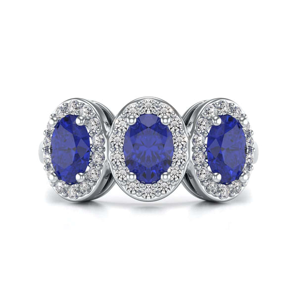 Diamond Halo Oval Shape 3 Blue Sapphires Ring in 18ct Gold and Platinum