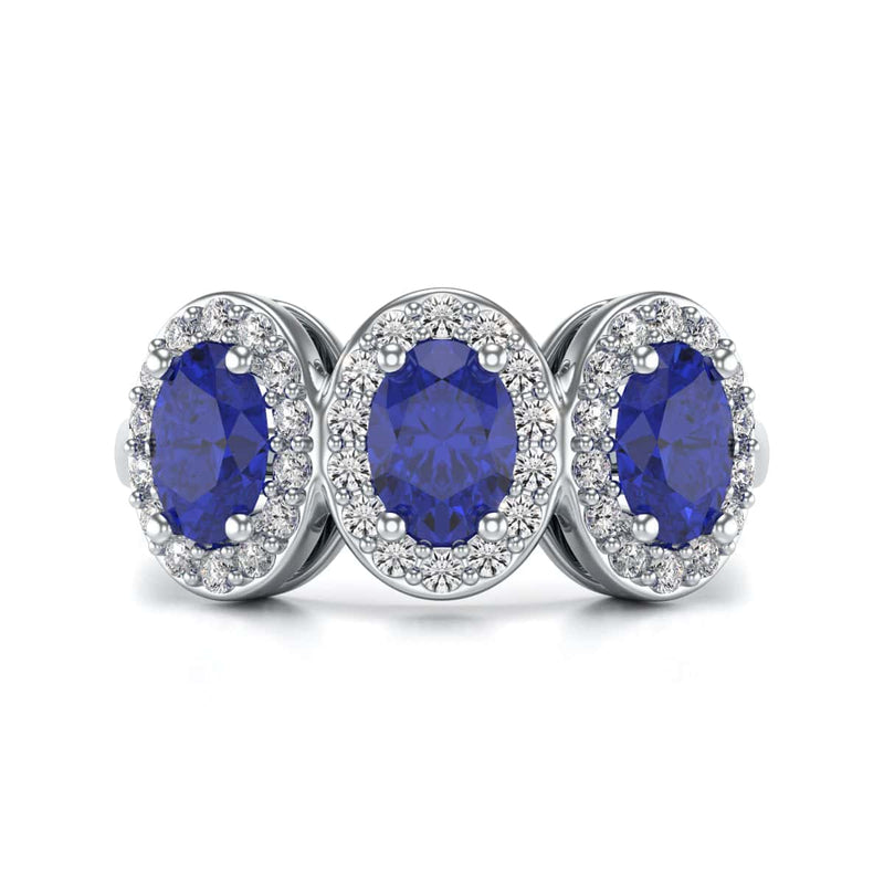Diamond Halo Oval Shape 3 Blue Sapphires Ring in 18ct Gold and Platinum