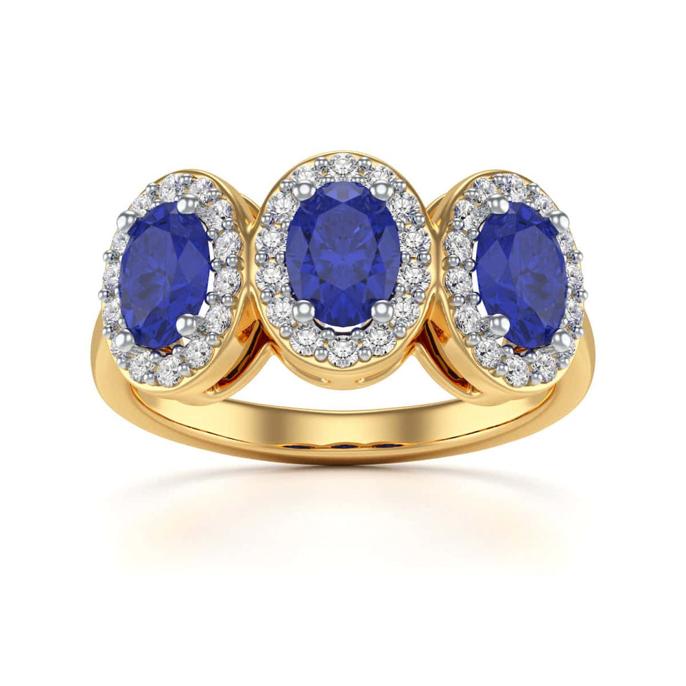Diamond Halo Oval Shape 3 Blue Sapphires Ring in 18ct Gold and Platinum