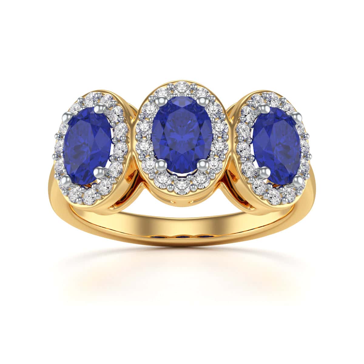 18ct Gold  Diamond Halo 3 Blue Sapphires  Ring - Oval Shape