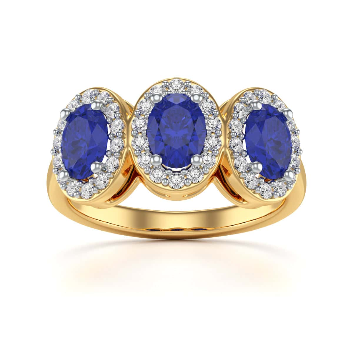 Blue Sapphire Three Stone Oval Diamond Halo Ring