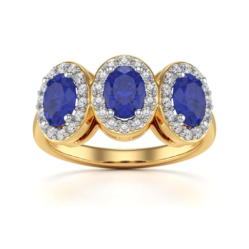 Diamond Halo Oval Shape 3 Blue Sapphires Ring in 18ct Gold and Platinum