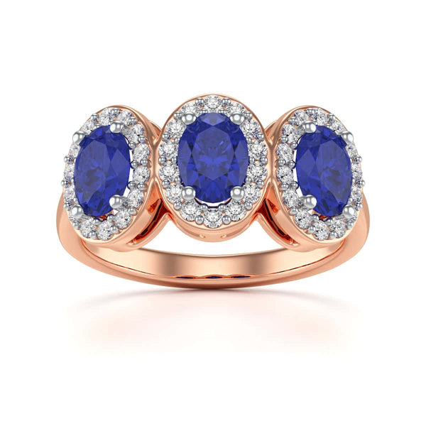 Diamond Halo Oval Shape 3 Blue Sapphires Ring in 18ct Gold and Platinum