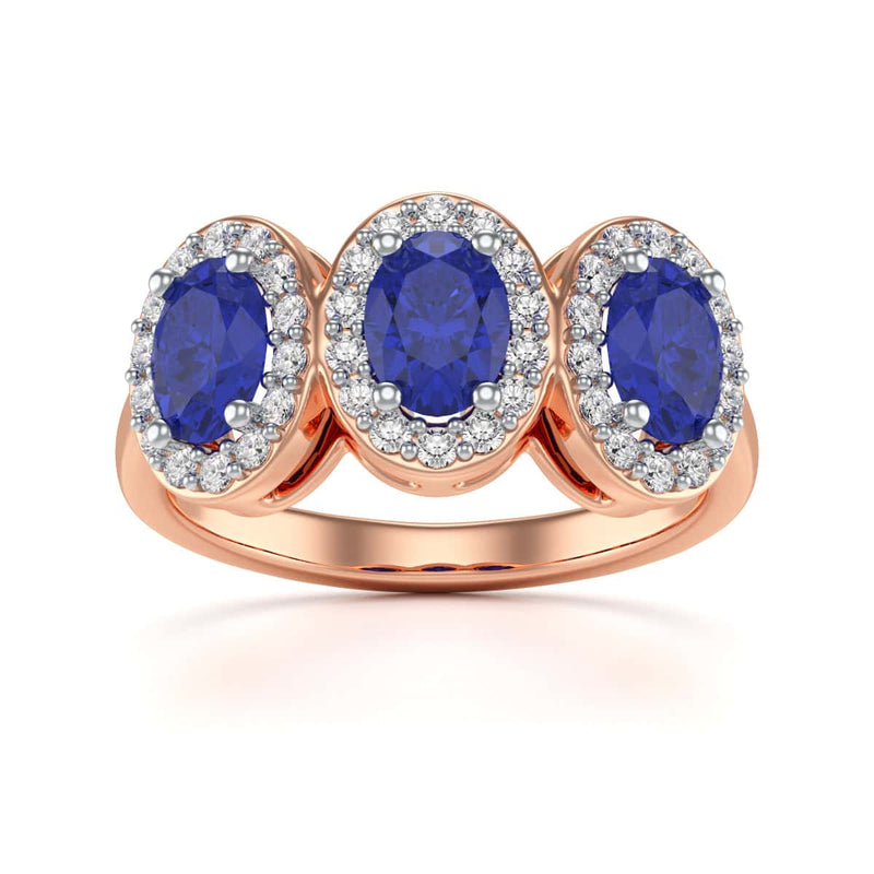 Diamond Halo Oval Shape 3 Blue Sapphires Ring in 18ct Gold and Platinum