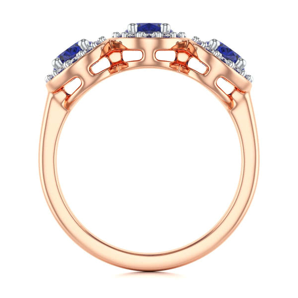 Diamond Halo Oval Shape 3 Blue Sapphires Ring in 18ct Gold and Platinum
