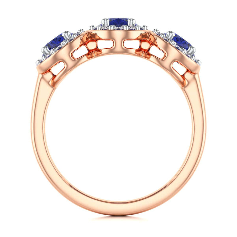 Diamond Halo Oval Shape 3 Blue Sapphires Ring in 18ct Gold and Platinum