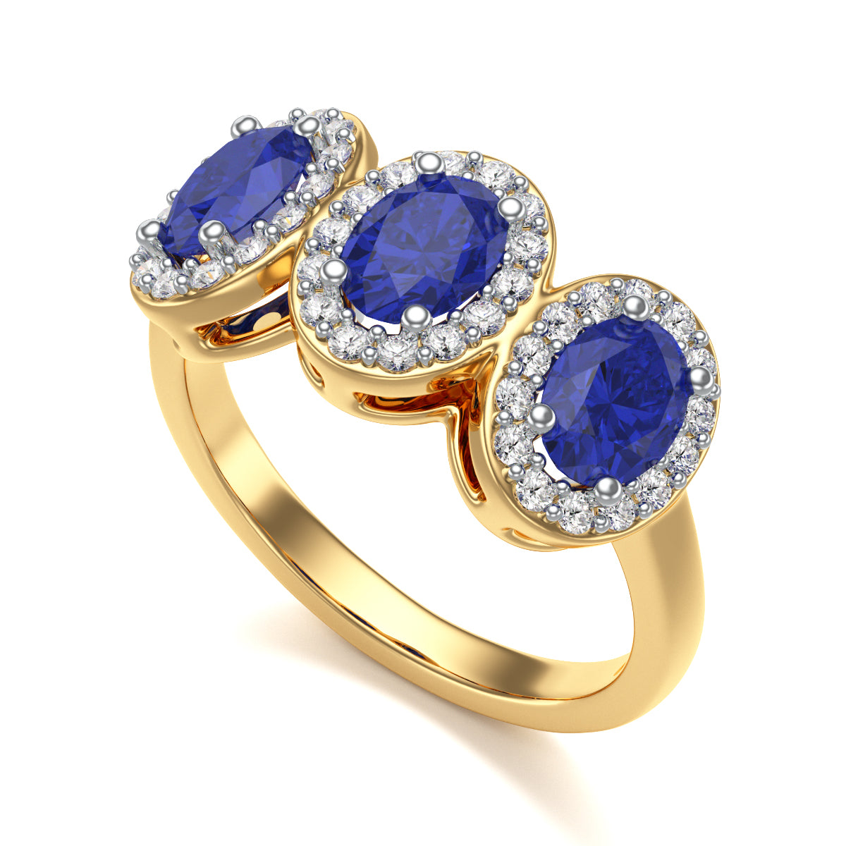 Blue Sapphire Three Stone Oval Diamond Halo Ring