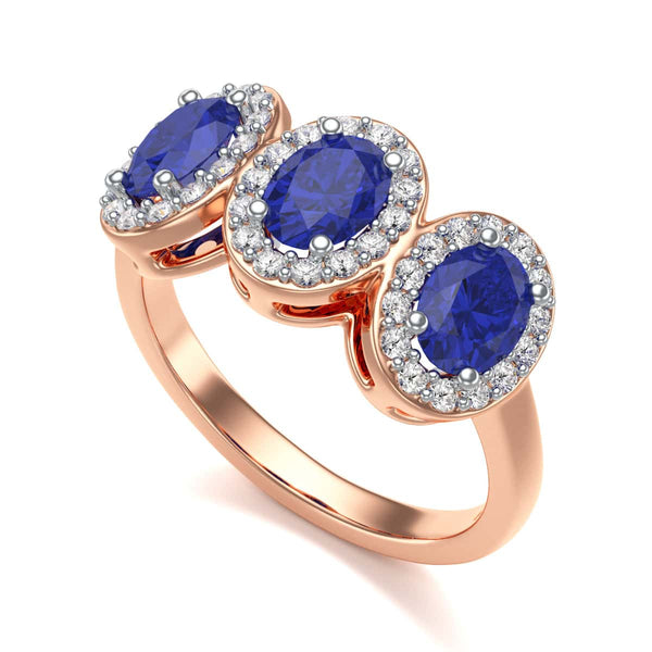 Diamond Halo Oval Shape 3 Blue Sapphires Ring in 18ct Gold and Platinum