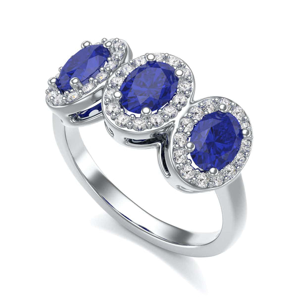 Diamond Halo Oval Shape 3 Blue Sapphires Ring in 18ct Gold and Platinum