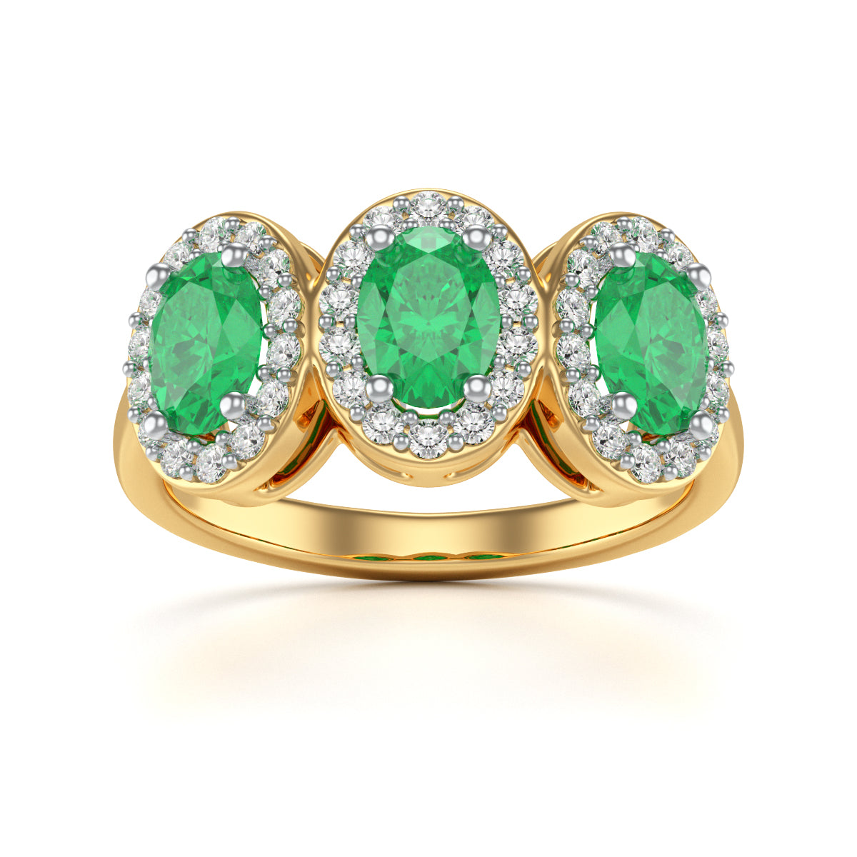 Emerald Three Stone Oval Diamond Halo Ring