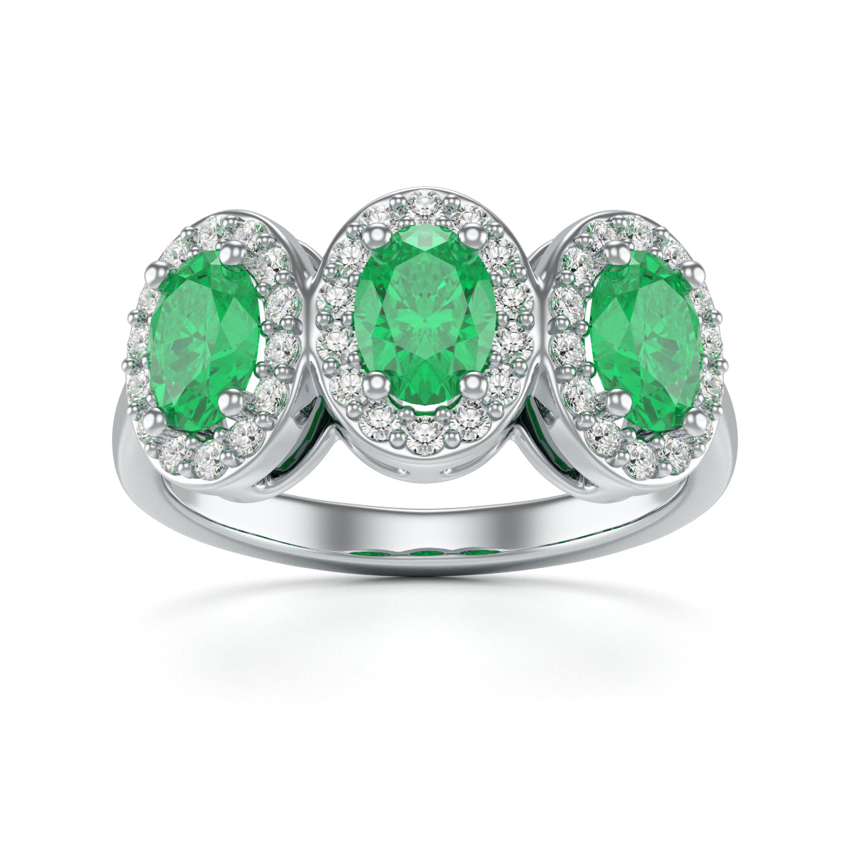 Emerald Three Stone Oval Diamond Halo Ring