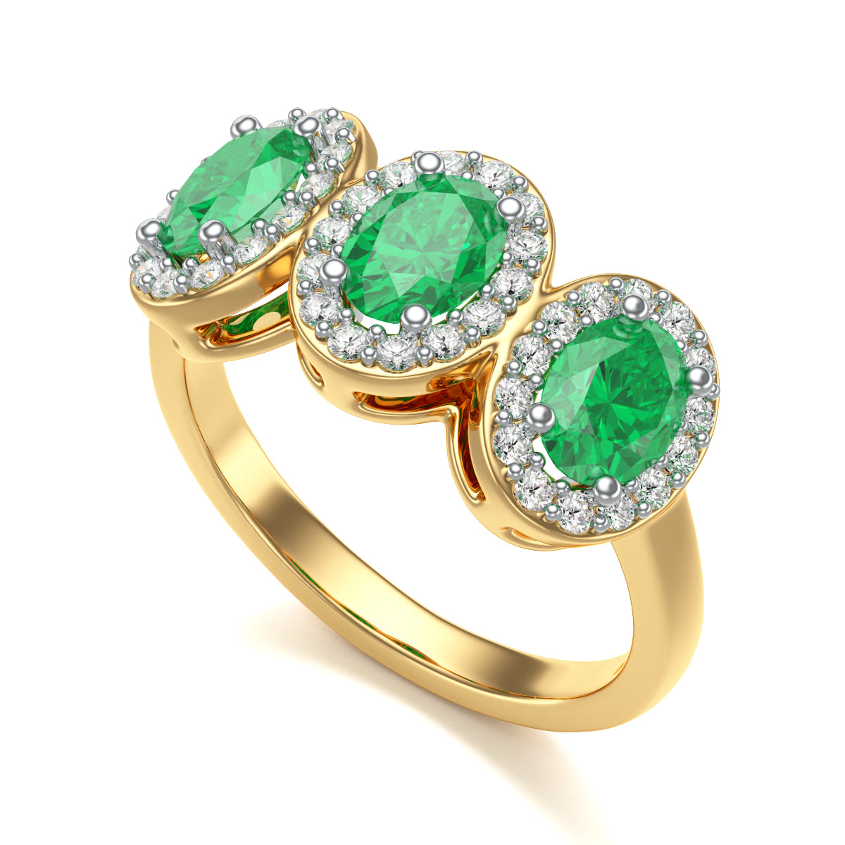 Emerald Three Stone Oval Diamond Halo Ring