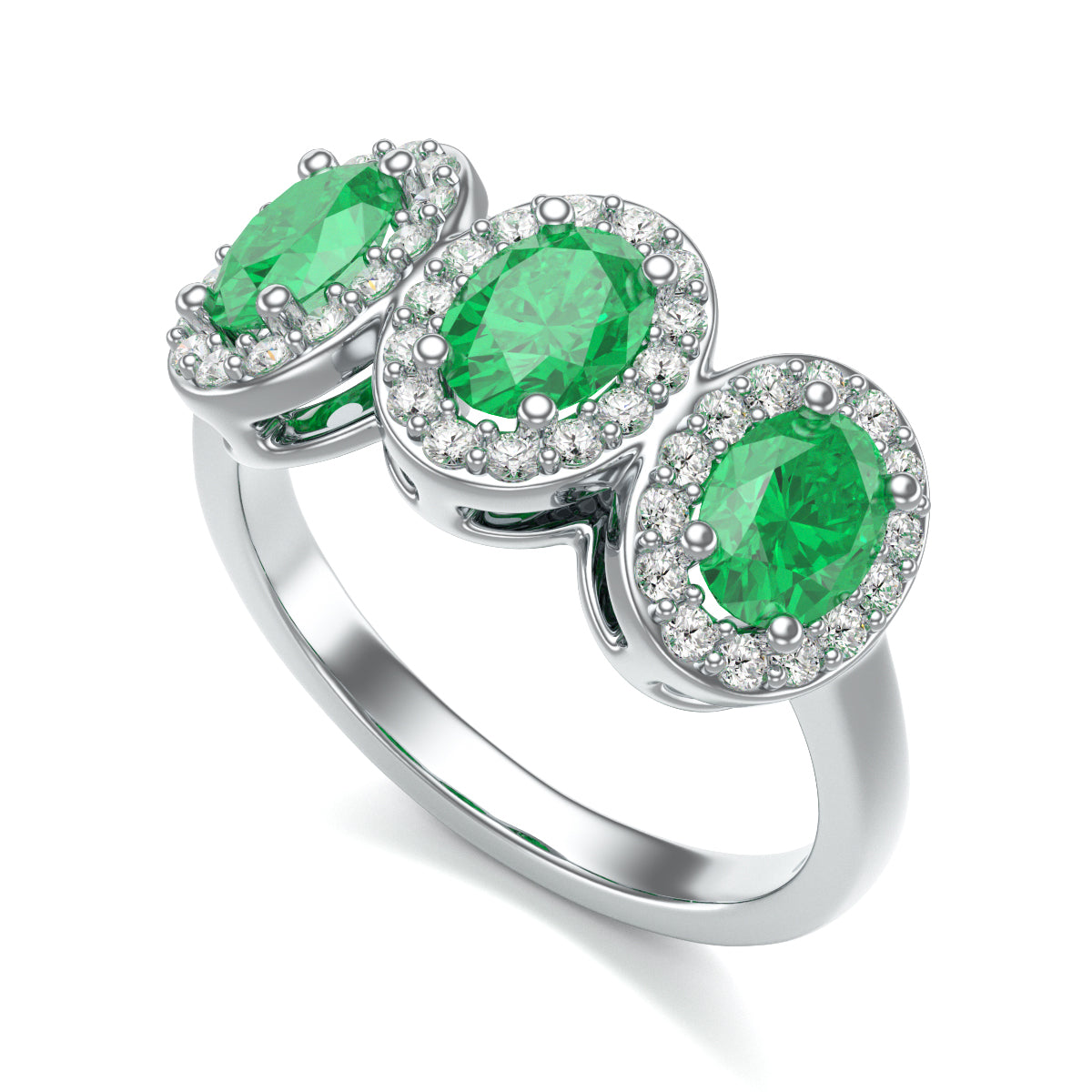 Emerald Three Stone Oval Diamond Halo Ring