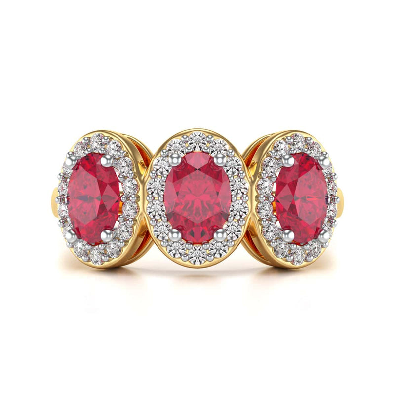 18ct Gold  Diamond Halo 3 Rubies Engagement Ring - Oval Shape