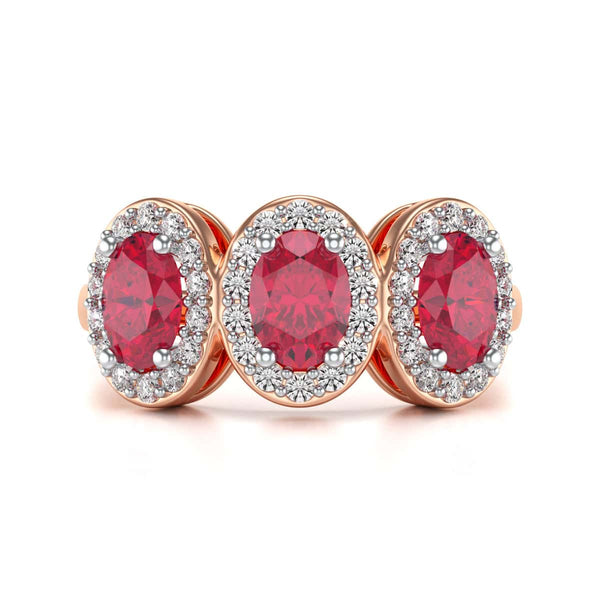 18ct Gold  Diamond Halo 3 Rubies Engagement Ring - Oval Shape