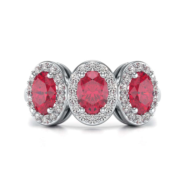 18ct Gold  Diamond Halo 3 Rubies Engagement Ring - Oval Shape