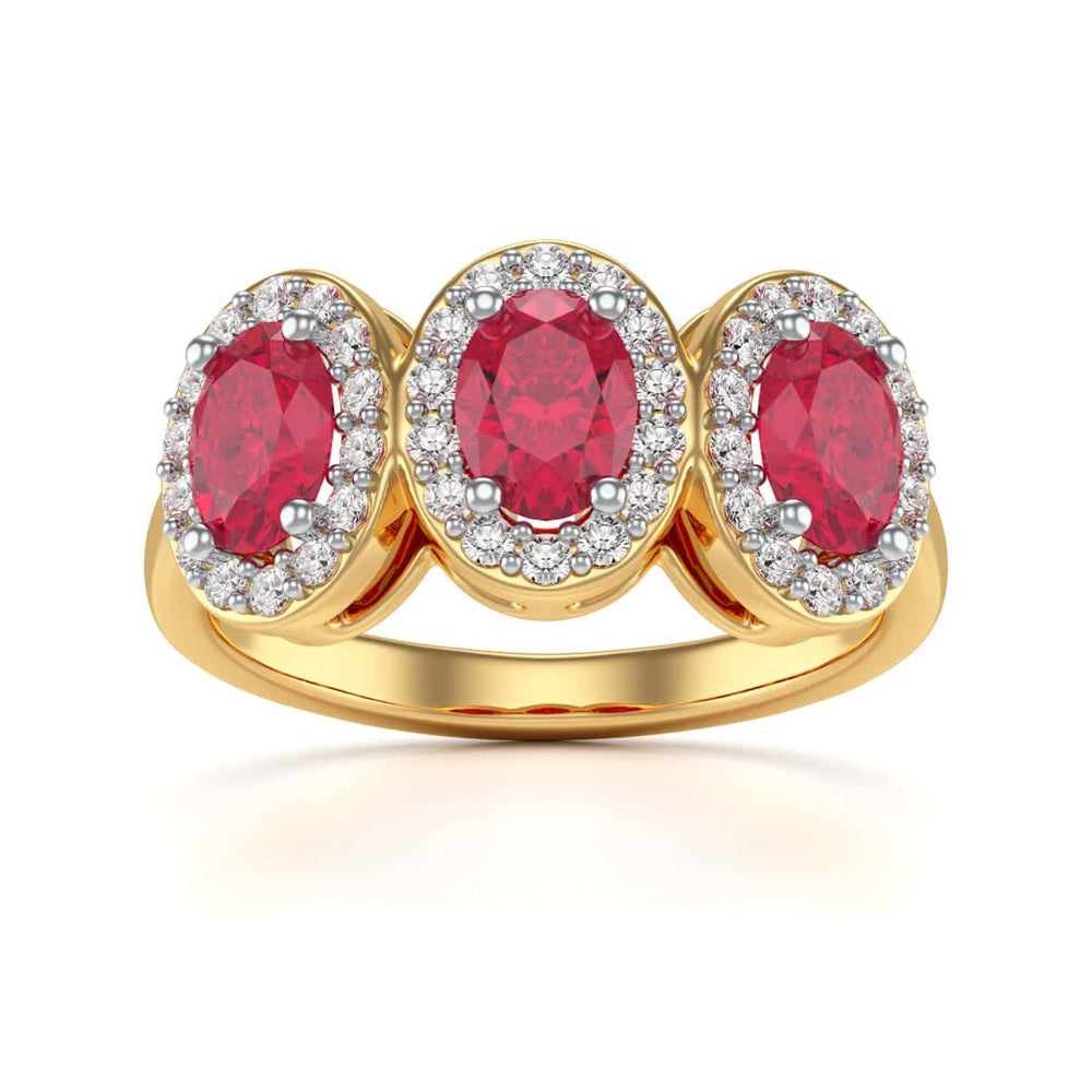 18ct Gold  Diamond Halo 3 Rubies Engagement Ring - Oval Shape