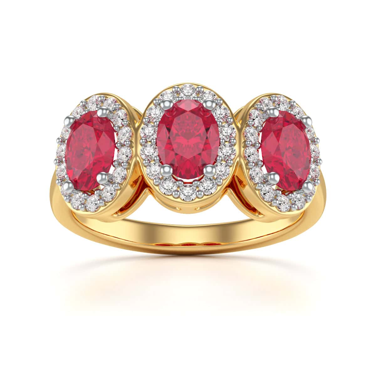 Ruby Three Stone Oval Diamond Halo Ring