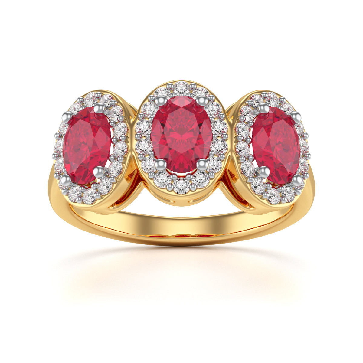 Ruby Three Stone Oval Diamond Halo Ring