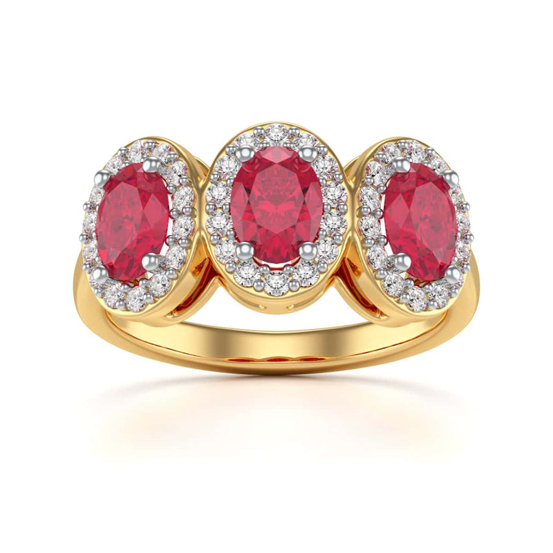 18ct Gold  Diamond Halo 3 Rubies Engagement Ring - Oval Shape