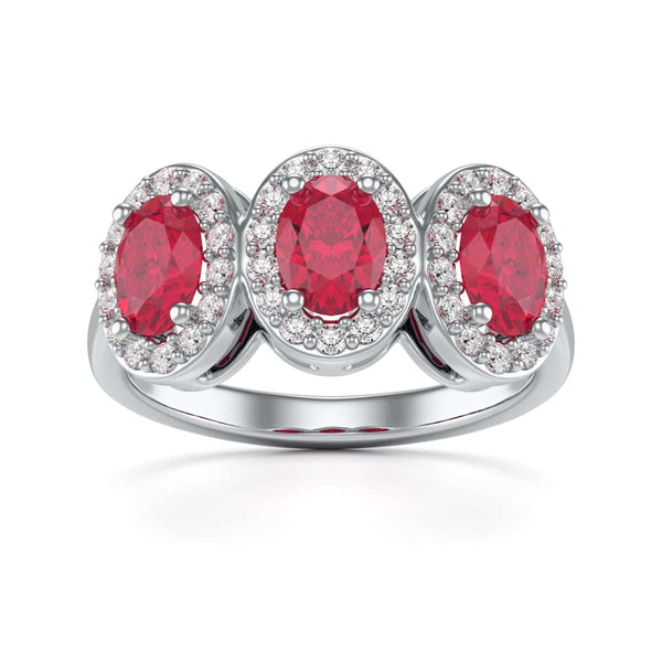 18ct Gold  Diamond Halo 3 Rubies Engagement Ring - Oval Shape