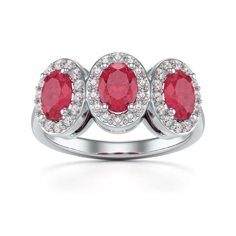 18ct Gold  Diamond Halo 3 Rubies Engagement Ring - Oval Shape