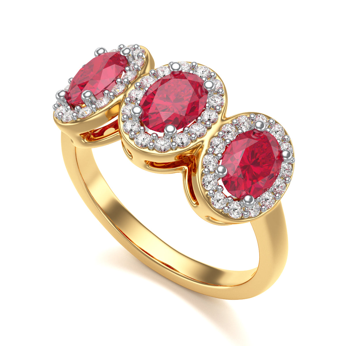 Ruby Three Stone Oval Diamond Halo Ring