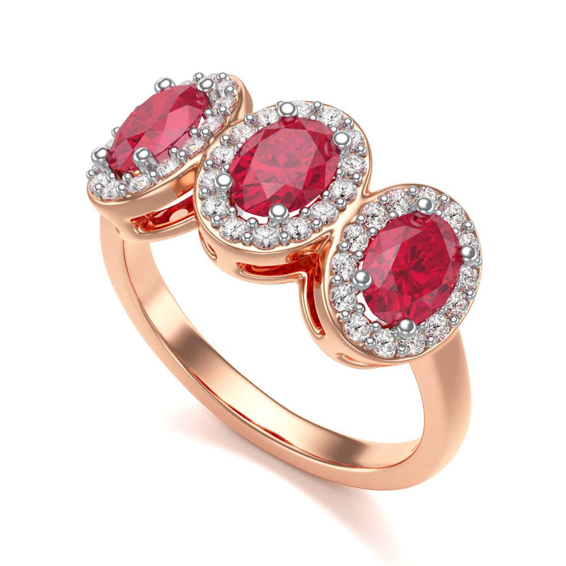 18ct Gold  Diamond Halo 3 Rubies Engagement Ring - Oval Shape