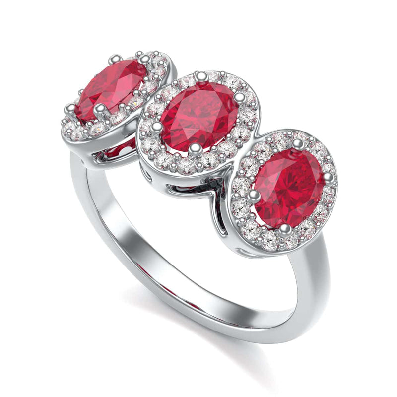 18ct Gold  Diamond Halo 3 Rubies Engagement Ring - Oval Shape