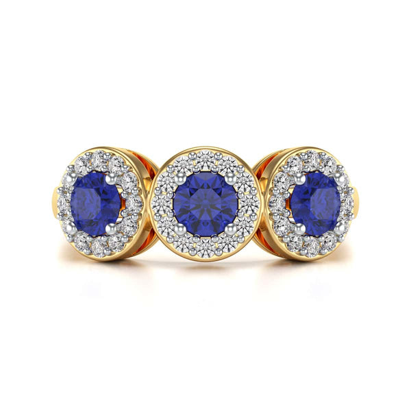Diamond Halo Round Shape 3 Blue Sapphires Ring in 18ct Gold and Platinum