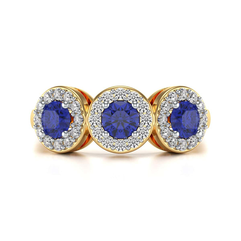 Diamond Halo Round Shape 3 Blue Sapphires Ring in 18ct Gold and Platinum